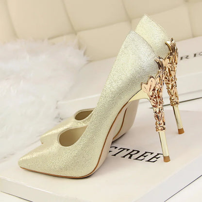 Metal Carved Thin Heel High Heels Pumps Women Shoes Sexy Pointed Toe Ladies Shoes Fashion Candy Colors Wedding Shoes WomanMetal