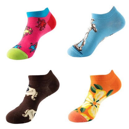 4pairs Funny animal Combed Cotton Fashion Hip Hop Man woman Oil Painting Socks Harajuku Skateboard outer space Happy love Socks