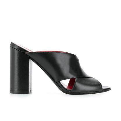 Plus Size Black PU Leather Ladies Shoes Peep Toe Chunky High Heels Mules Women Slippers With Heel Sandals