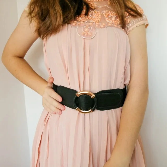 Women’s Elastic Stretch Wide Waist Belts w Wrapped Gold Circle Buckle