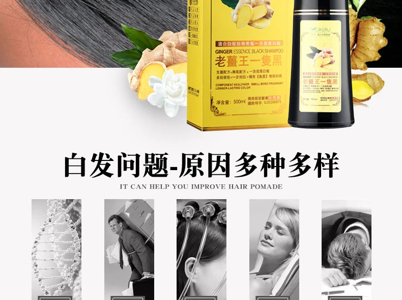 Mokeru 1pc  Ginger shampoo Herbal Non Allergic Natural Fast Blacking Gray Hair Dye Black Shampoo  For White  Coloring