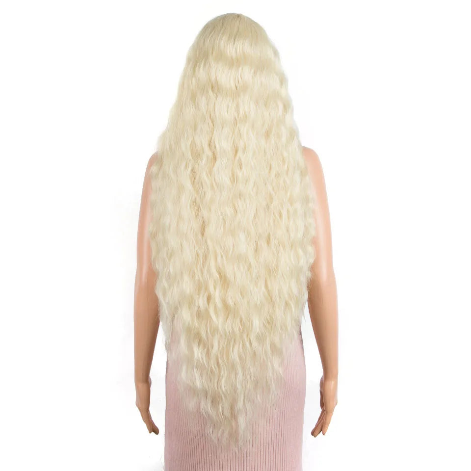 FASHION IDOL 42" Loose Wave Lace Front Wig Hair Synthetic Wigs For Women Ombre Blonde Water Wavy Long Curly Hair Wig Cosplay