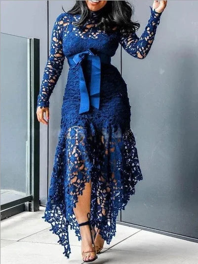 Top Seller Hollow Mesh Sexy Lace Long Sleeve Maxi Dresses Women Plus Size Dress Ladies Lace Decorated 2 Pieces Dress Big Sizes