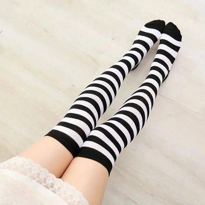 Cute Pink Blue Lolita Striped Stockings For Women Lovely School Girls Knee High Long Stockings Cosplay Anime Student Socks