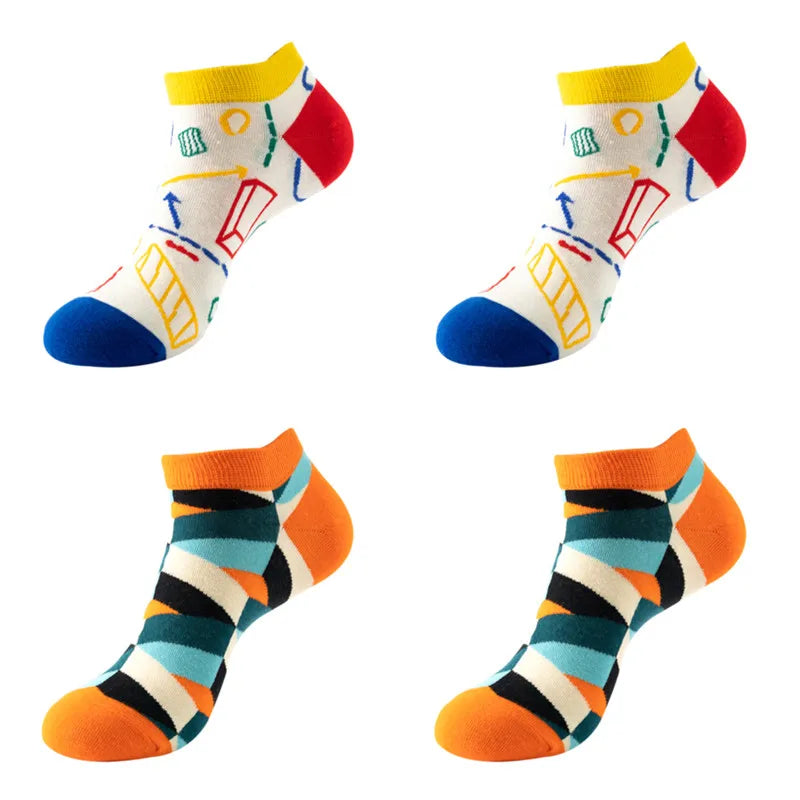 4 pairs Men's And Women's Latest Design Boat Socks Short Summer Socks Quality Business Geometric Lattice Colorful  Cotton Socks
