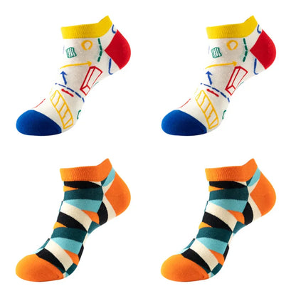 4 pairs Men's And Women's Latest Design Boat Socks Short Summer Socks Quality Business Geometric Lattice Colorful  Cotton Socks
