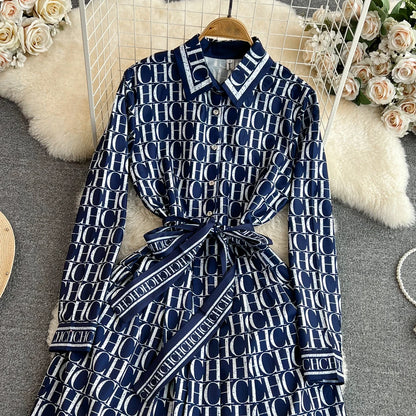 Autumn Korean Version Mature Style Retro Elegant Turtleneck Ultra High Waist Waist-Cinching Slimming Printed BASICS Shirt Dress