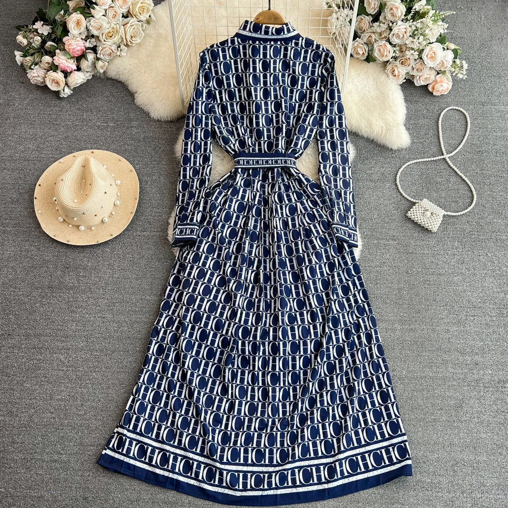 Autumn Korean Version Mature Style Retro Elegant Turtleneck Ultra High Waist Waist-Cinching Slimming Printed BASICS Shirt Dress