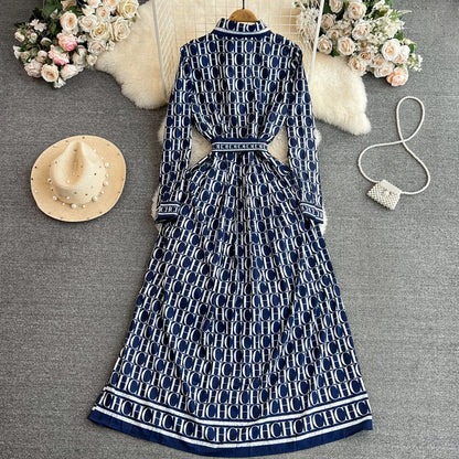 Autumn Korean Version Mature Style Retro Elegant Turtleneck Ultra High Waist Waist-Cinching Slimming Printed BASICS Shirt Dress
