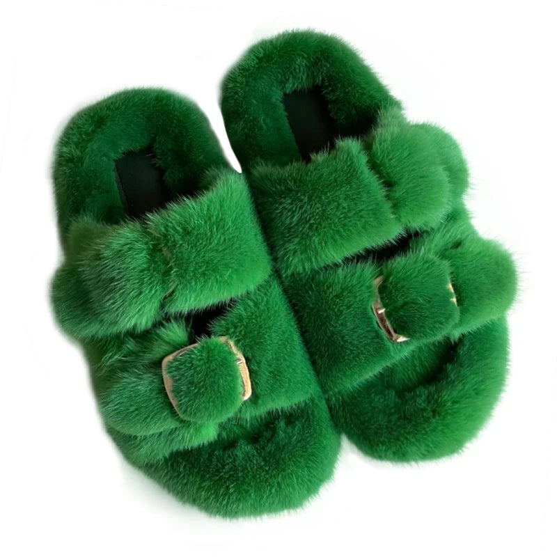 Wholesale Fashion Custom Winter Warm Luxury Fur Slippers Real Mink Fur Slides for Women Ladies Shoes