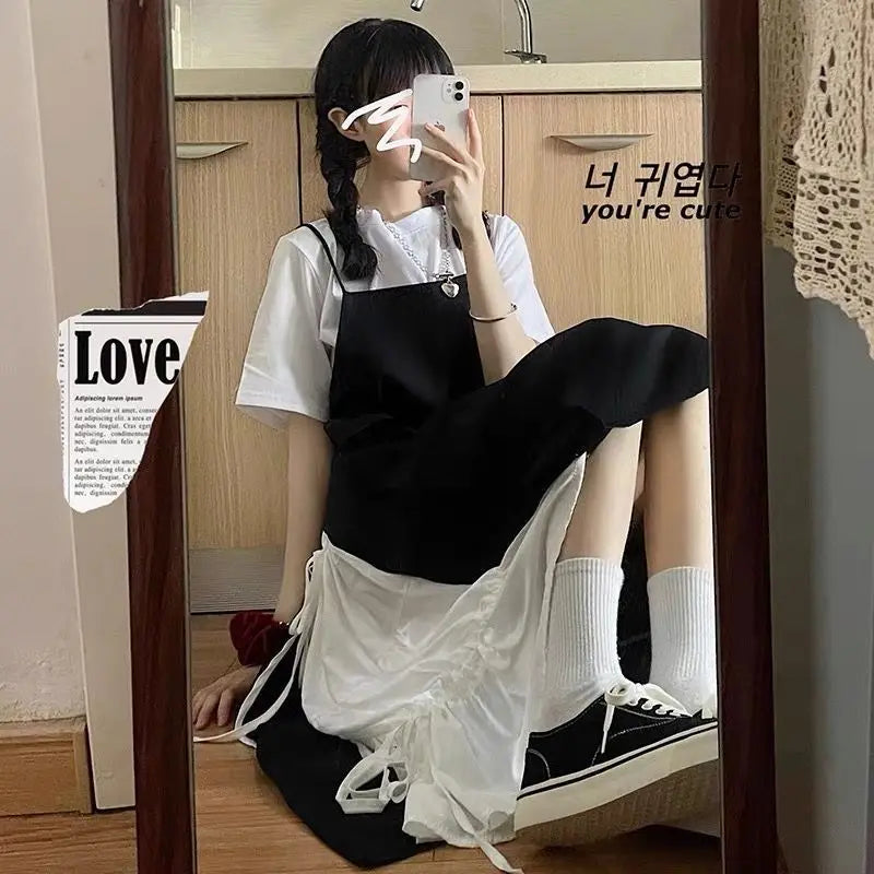 Dress Women Summer Fashion Spaghetti Strap College Sweet Casual Japanese Style Streetwear Lace-up Female Soft High Waist Vintage