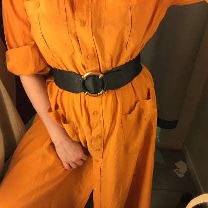 Women’s Elastic Stretch Wide Waist Belts w Wrapped Gold Circle Buckle