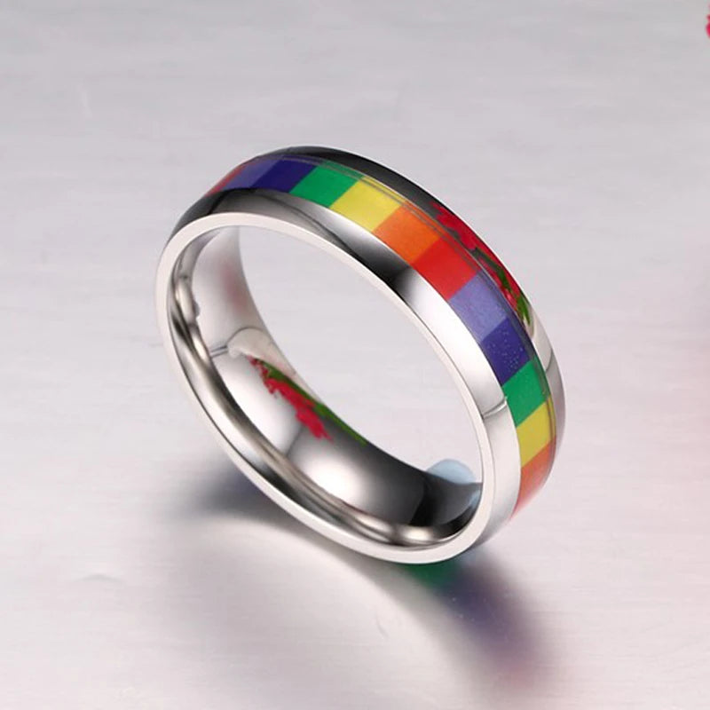 Wholesale Rainbow Lesbian Rings silver color Stainless Steel Lgbt Pride Ring 6m Width