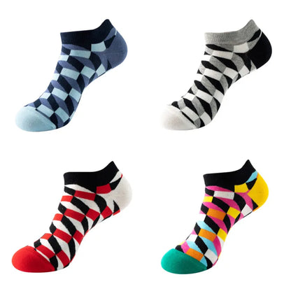 4 pairs Men's And Women's Latest Design Boat Socks Short Summer Socks Quality Business Geometric Lattice Colorful  Cotton Socks