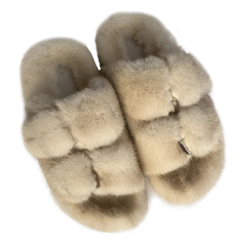 Wholesale Fashion Custom Winter Warm Luxury Fur Slippers Real Mink Fur Slides for Women Ladies Shoes