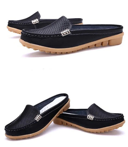 Women Casual Shoes Hollow Out Lady Half Lofers Genuine Leather Flats Moccasins Women Luxury Brand Half Slippers Zapatillas Mujer