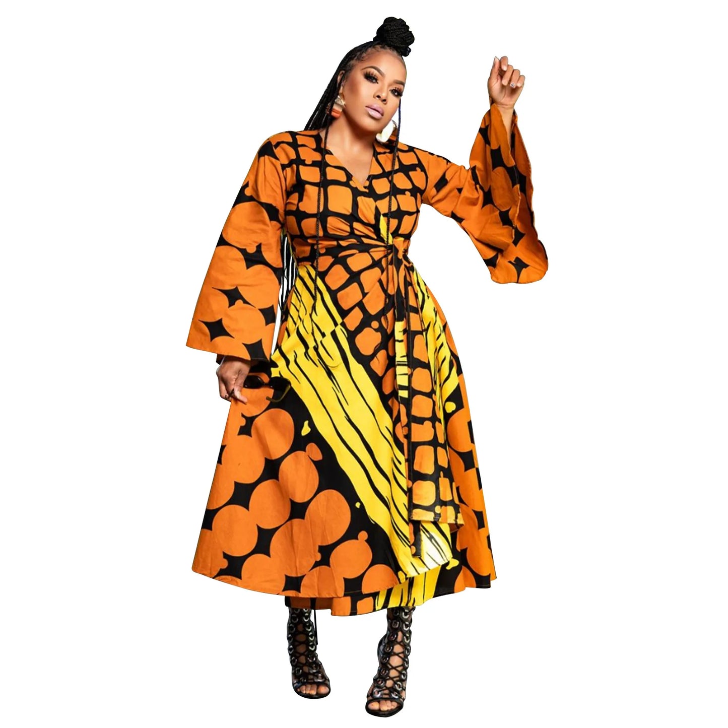 N8038 Cross-border Large-sized African Women's Clothing Autumn New Style Lace-up Irregular Dress With Large Swing Long-sleeved