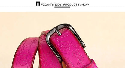 Fashion Design Floral Pattern Rose Red Genuine Leather Female Belt Women's Pin Buckle Metal Belts 28mm Wide 2023 FCO082