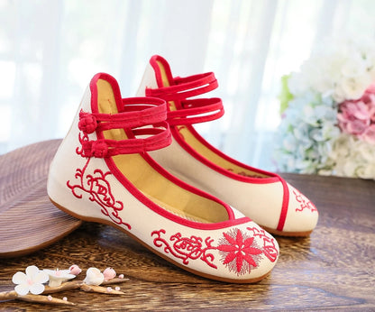 Veowalk Sunflower Embroidered Women Canvas Ballet Flats Ankle Strap Ladies Casual Cotton Chinese Embroidery Ballerina Shoes