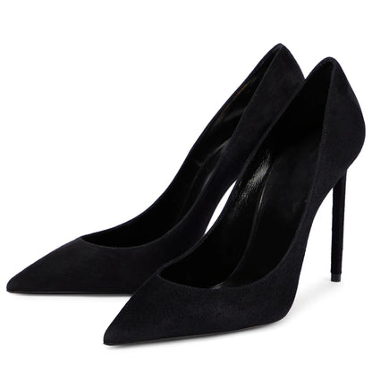 Large Size Classic Ladies Shoes Black Faux Suede Silk Thin Heel Pointed Toe Party Stilettos High Heels Pumps Women Footwear