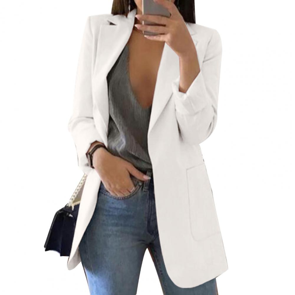 Summer Women Jacket Lapel All match Open Front Stylish Office Lady Slim Suit Overcoat Solid Color Long Blazer