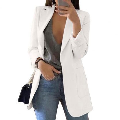 Summer Women Jacket Lapel All match Open Front Stylish Office Lady Slim Suit Overcoat Solid Color Long Blazer