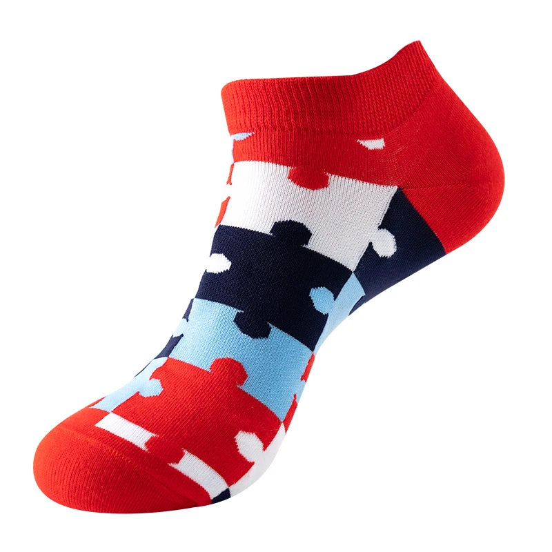 4 pairs Men's And Women's Latest Design Boat Socks Short Summer Socks Quality Business Geometric Lattice Colorful  Cotton Socks