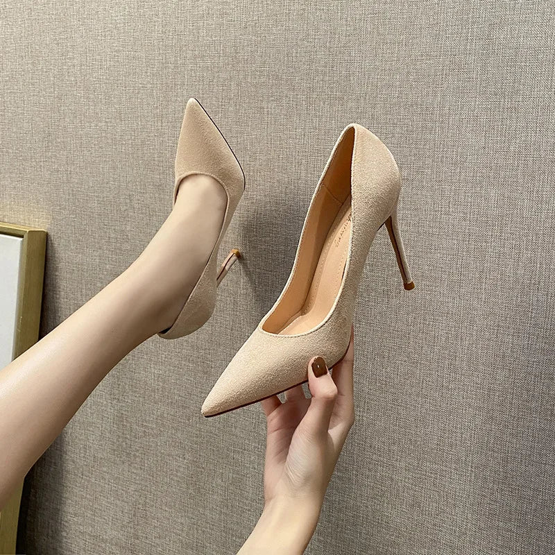 6CM/8CM/10CM Simple Design R Office Shoes Unique Luxury Suede Leather Heels for Ladies Shoes