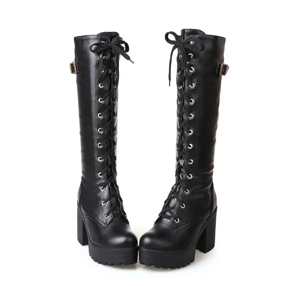 Women Knee high Boots Autumn Winter Lace Up Flat Shoes Sexy Steampunk PU Retro Buckle women shoes Ladies Snow Boots yui8