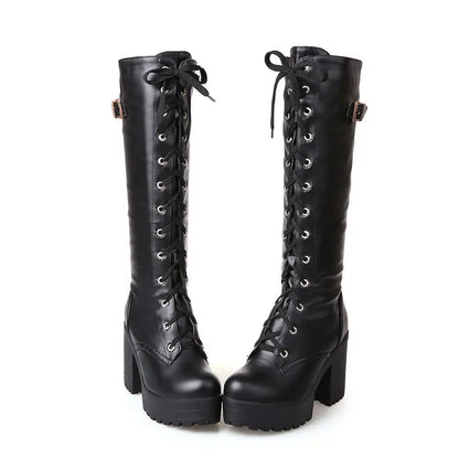Women Knee high Boots Autumn Winter Lace Up Flat Shoes Sexy Steampunk PU Retro Buckle women shoes Ladies Snow Boots yui8