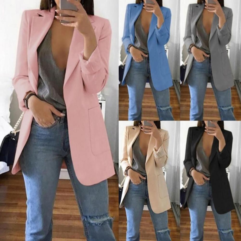 Summer Women Jacket Lapel All match Open Front Stylish Office Lady Slim Suit Overcoat Solid Color Long Blazer