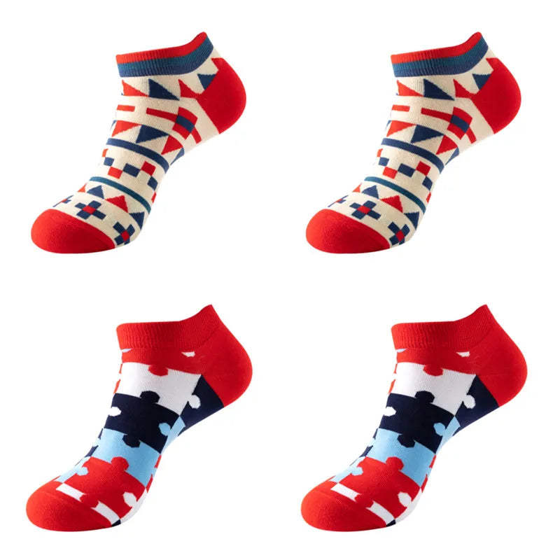 4 pairs Men's And Women's Latest Design Boat Socks Short Summer Socks Quality Business Geometric Lattice Colorful  Cotton Socks
