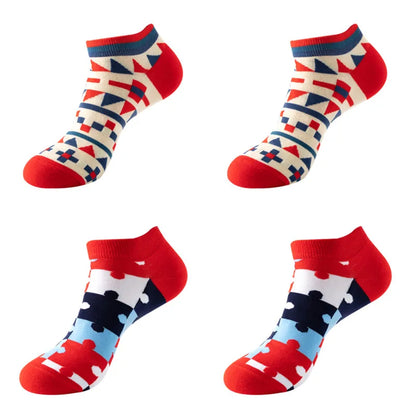 4 pairs Men's And Women's Latest Design Boat Socks Short Summer Socks Quality Business Geometric Lattice Colorful  Cotton Socks