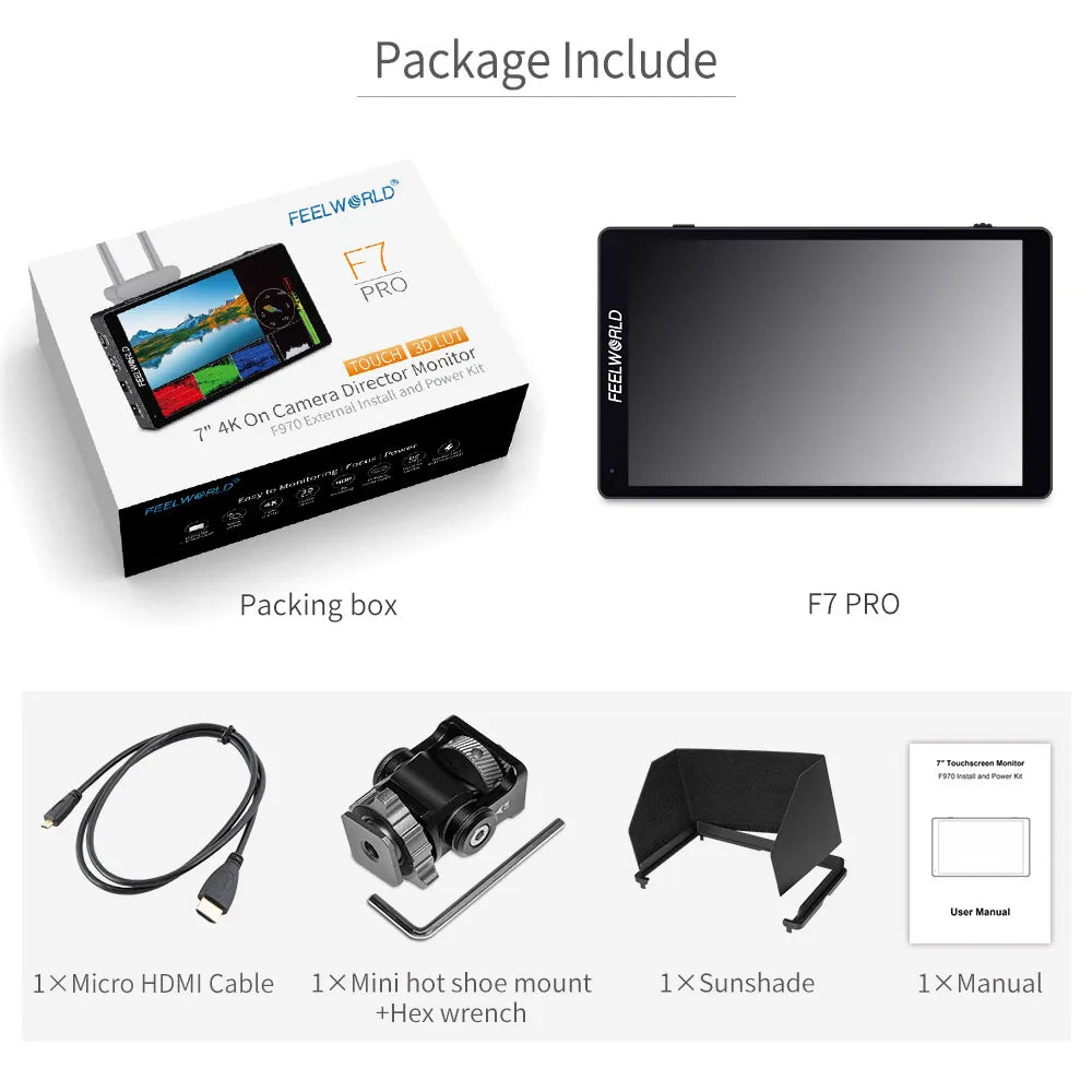 FEELWORLD-F7 Pro On-Camera Field Director Monitor, 7 "IPS Touch Screen, 3D LUT DSLR, HDMI, 4K, 60Hz, HD with F970 External Power