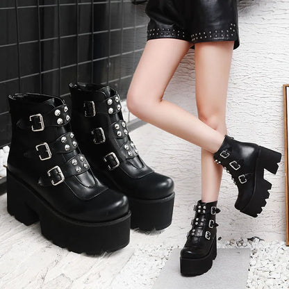 Women Knee high Boots Autumn Winter Lace Up Flat Shoes Sexy Steampunk PU Retro Buckle women shoes Ladies Snow Boots yui8