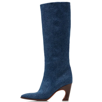 Fancy Design Heels Snake Print Women Leather Knee High Boots Dark Denim Big Size 44 Long Booties Custom Logo Ladies Shoes