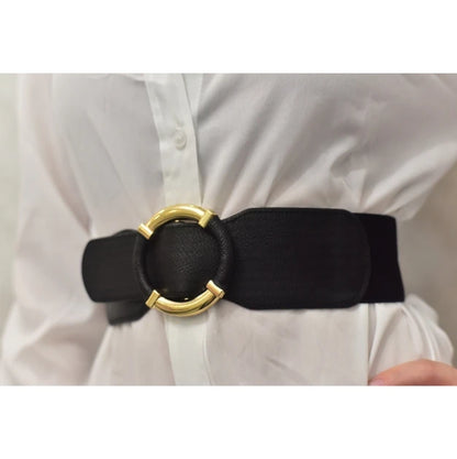 Women’s Elastic Stretch Wide Waist Belts w Wrapped Gold Circle Buckle