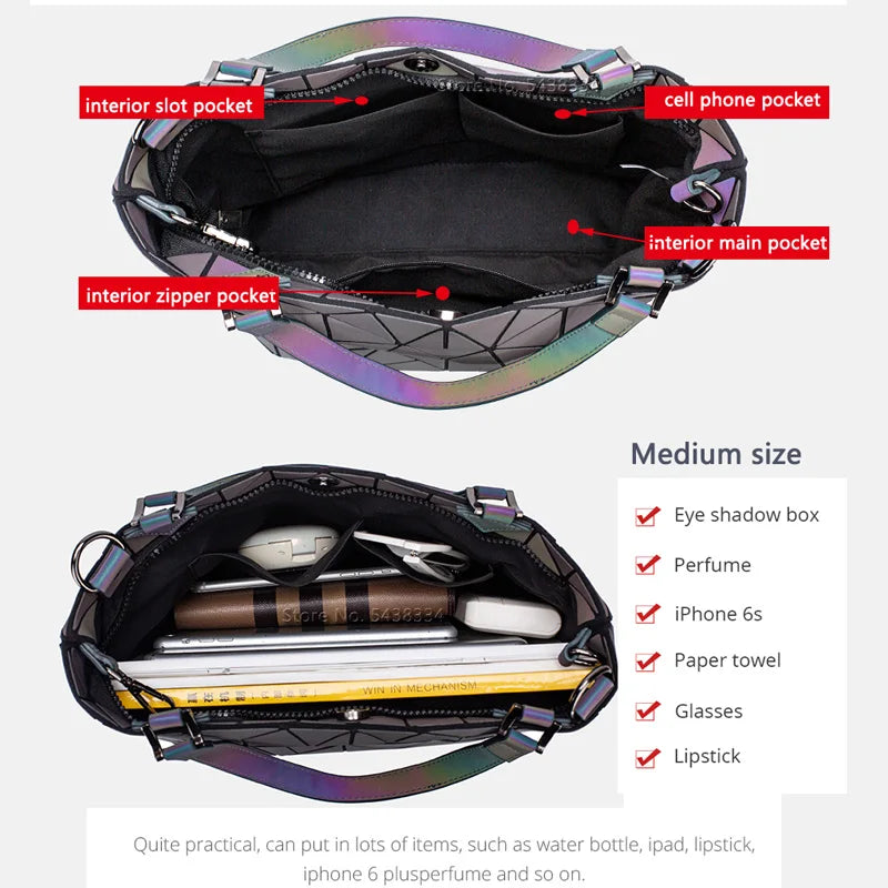 ladies Luminous  bag geometric bags for women 2024 Quilted Shoulder Bags Laser Plain Folding female Handbags bolsa feminina