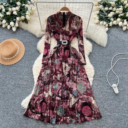Summer Roman V-Neck Tunic Slim Bandage Casual Maxi Dress for Women Empire Printed Dress