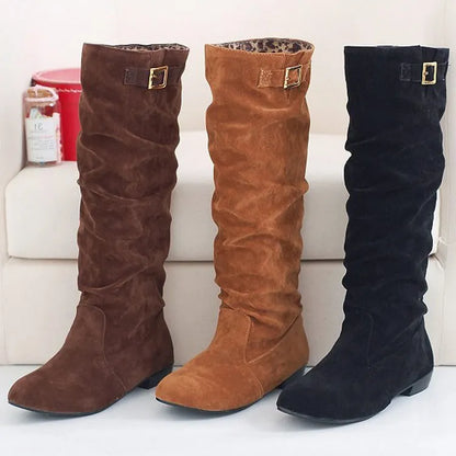 Women Knee high Boots Autumn Winter Lace Up Flat Shoes Sexy Steampunk PU Retro Buckle women shoes Ladies Snow Boots yui8