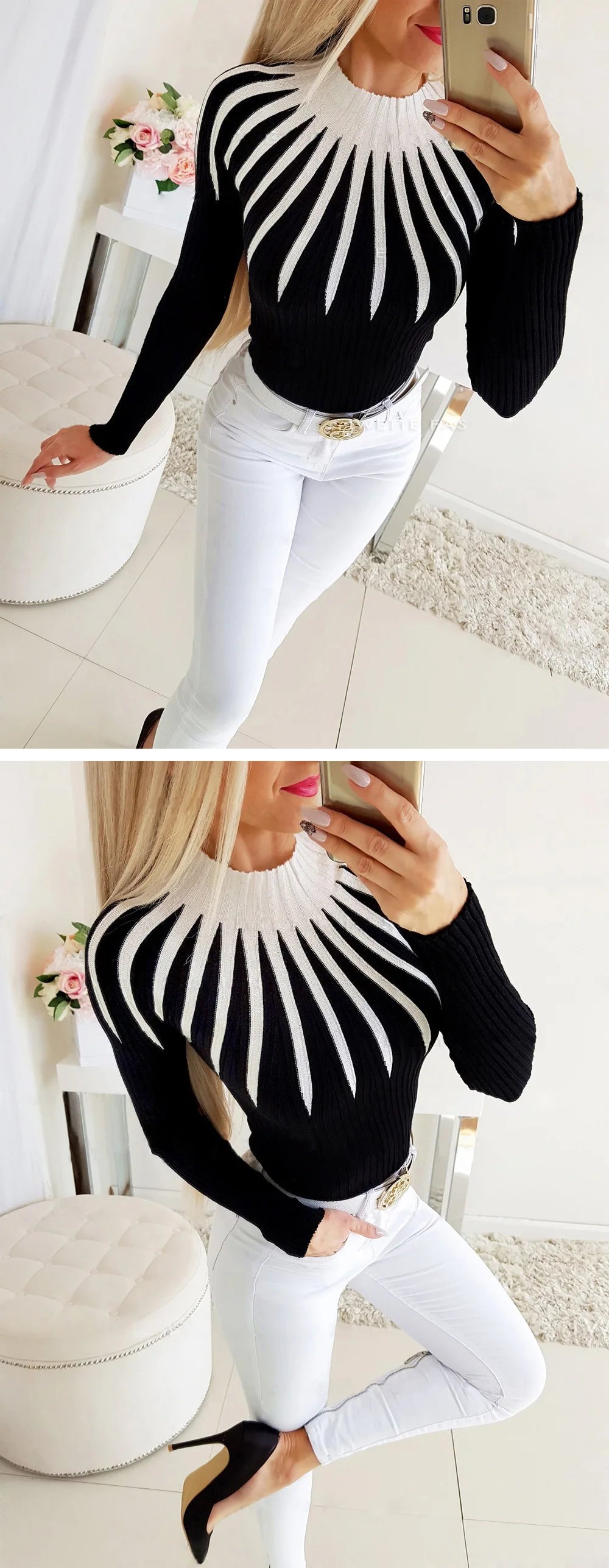 Fashion Bodycon Black White Women Pullover 2021 Autumn Winter Color Matching Knitting Female Turleneck Long Sleeve Sexy Sweater