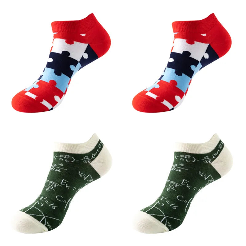 4 pairs Men's And Women's Latest Design Boat Socks Short Summer Socks Quality Business Geometric Lattice Colorful  Cotton Socks