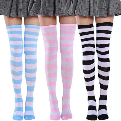 Cute Pink Blue Lolita Striped Stockings For Women Lovely School Girls Knee High Long Stockings Cosplay Anime Student Socks