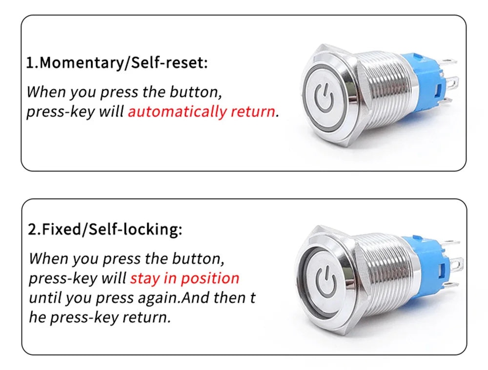 On Off PC Power Metal Waterproof Push Button Switch 12v for Car Ignition Switches Momentary/Latching NC 5V 220V 12 16 19 22 mm