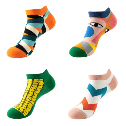 4 pairs Men's And Women's Latest Design Boat Socks Short Summer Socks Quality Business Geometric Lattice Colorful  Cotton Socks