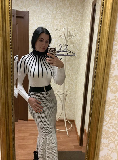 Fashion Bodycon Black White Women Pullover 2021 Autumn Winter Color Matching Knitting Female Turleneck Long Sleeve Sexy Sweater