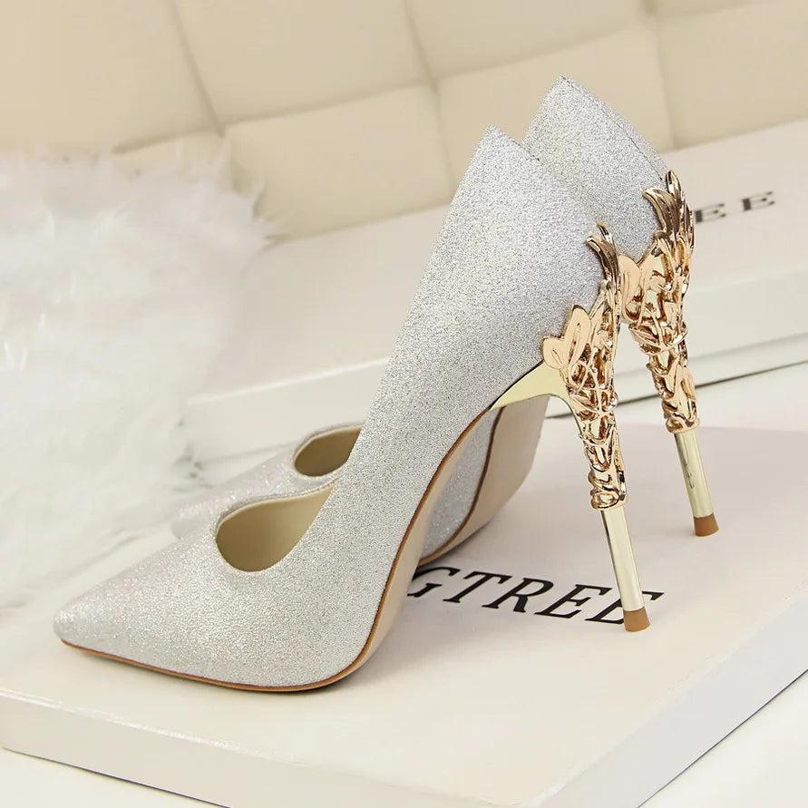 Metal Carved Thin Heel High Heels Pumps Women Shoes Sexy Pointed Toe Ladies Shoes Fashion Candy Colors Wedding Shoes WomanMetal
