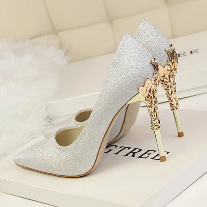 Metal Carved Thin Heel High Heels Pumps Women Shoes Sexy Pointed Toe Ladies Shoes Fashion Candy Colors Wedding Shoes WomanMetal