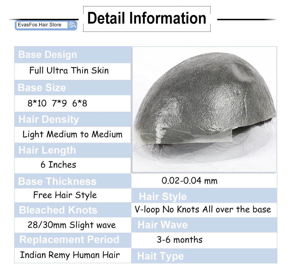 EVASFOS 0.02-0.04mm Super Thin Skin Men's Toupee Natural European Human Hair Male Wig Prosthesis Hair System For Men