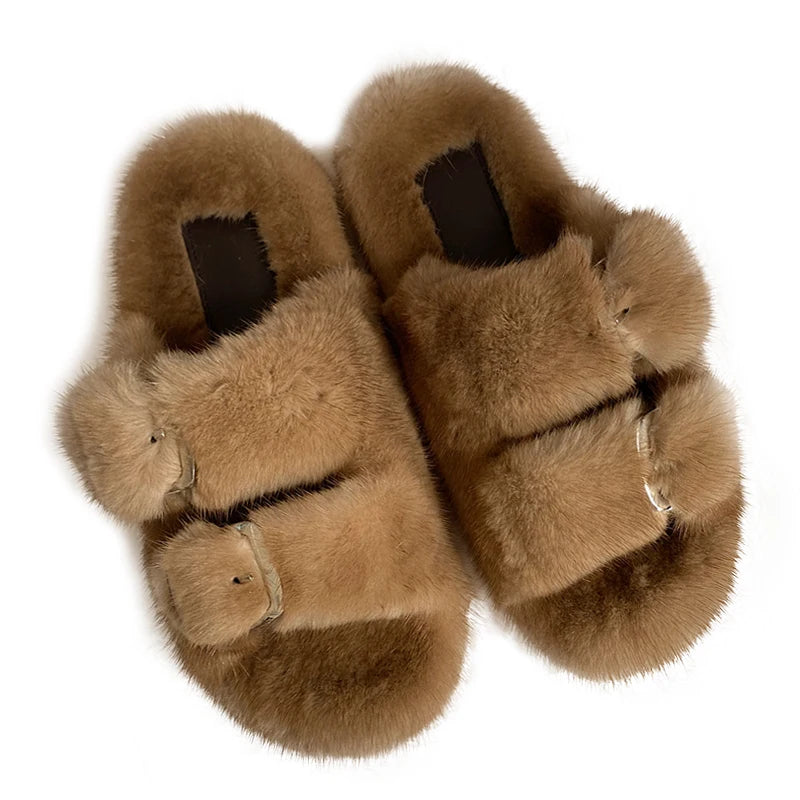 Wholesale Fashion Custom Winter Warm Luxury Fur Slippers Real Mink Fur Slides for Women Ladies Shoes